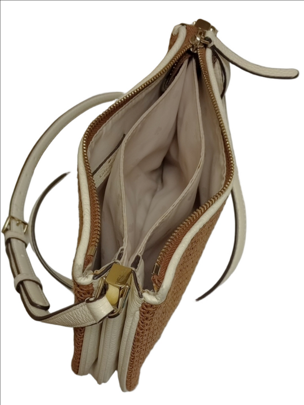 KATE SPADE TAN STRAW WICKER WOVEN CROSSBODY BAG WITH WHITE LEATHER ACCENTS - Picture 13 of 15